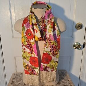 Vintage Scarf Boho 71x 5 inches plus Fringe Pink Red Green Paisley Bohomeian
